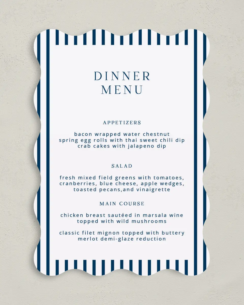 This is a 5" x 7" Wedding Menu Card called The Addison printed in full color with Silver foil on Luxe Satin paper