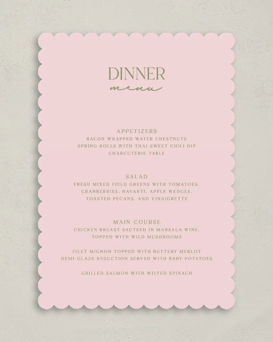 This is a 5" x 7" Wedding Menu Card called The Jolene printed in full color on Premium Smooth paper