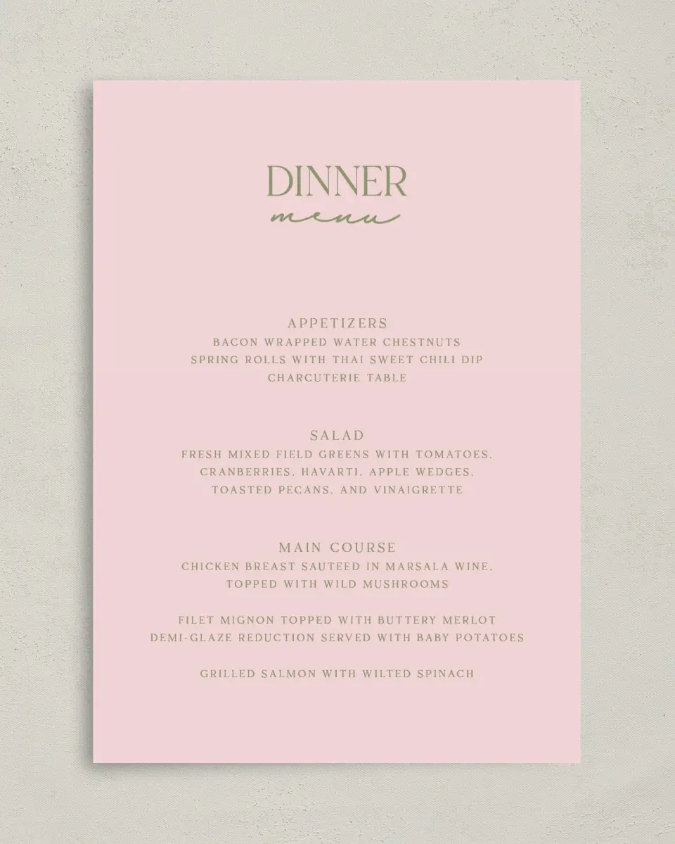 This is a 5" x 7" Wedding Menu Card called The Jolene printed in full color on Premium Smooth paper