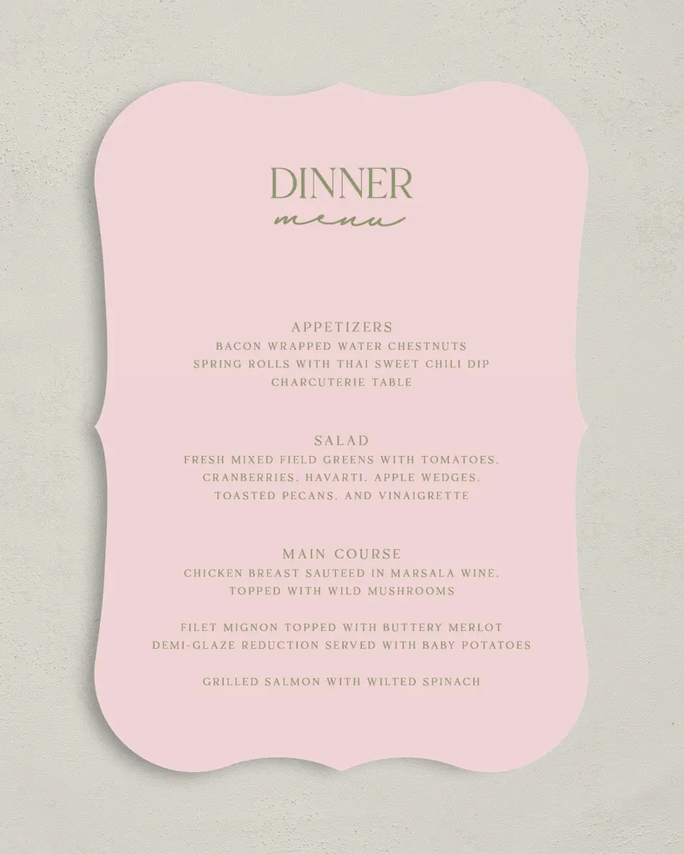 This is a 5" x 7" Wedding Menu Card called The Jolene printed in full color with Silver foil on Luxe Satin (coated) paper