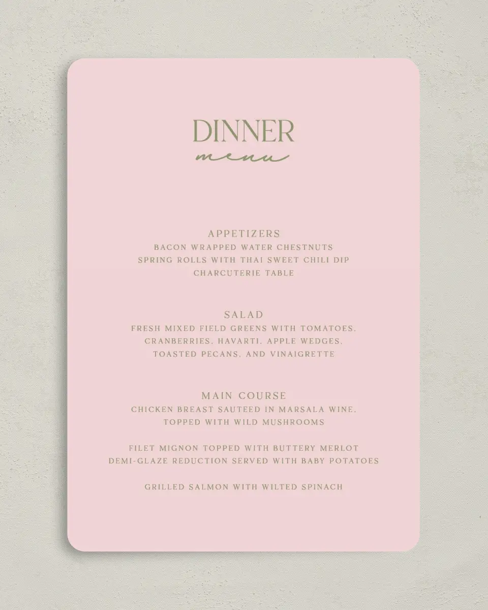This is a 5" x 7" Wedding Menu Card called The Jolene printed in full color with Silver foil on Luxe Satin (coated) paper