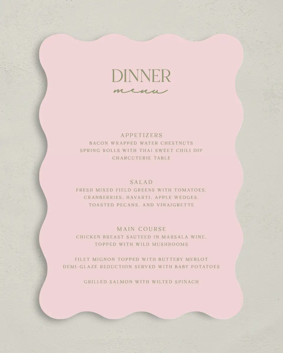 This is a 5" x 7" Wedding Menu Card called The Jolene printed in full color on Premium Smooth paper