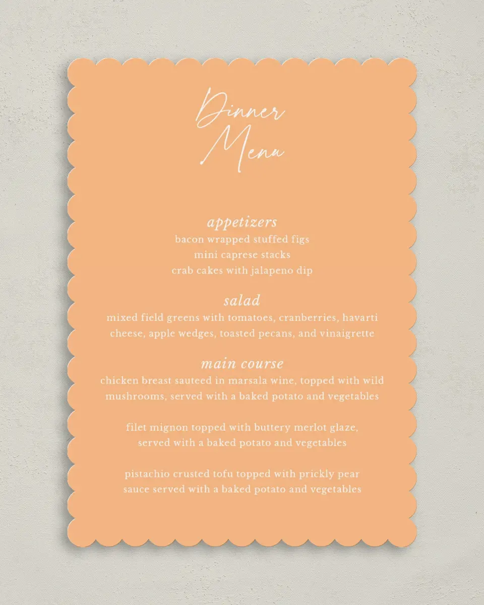This is a 5" x 7" Wedding Menu Card called The Jess printed in full color on Premium Smooth paper