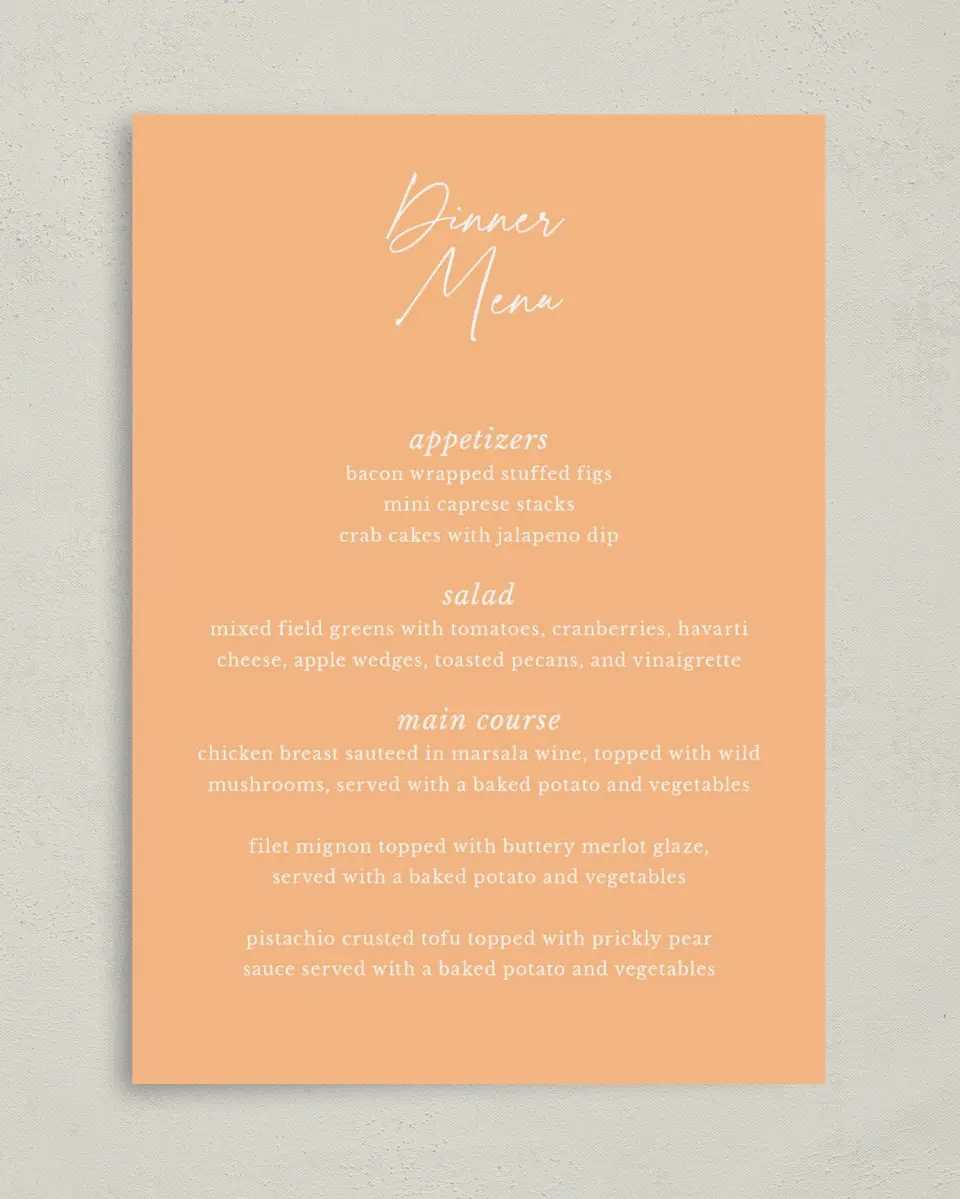 This is a 5" x 7" Wedding Menu Card called The Jess printed in full color on Premium Smooth paper