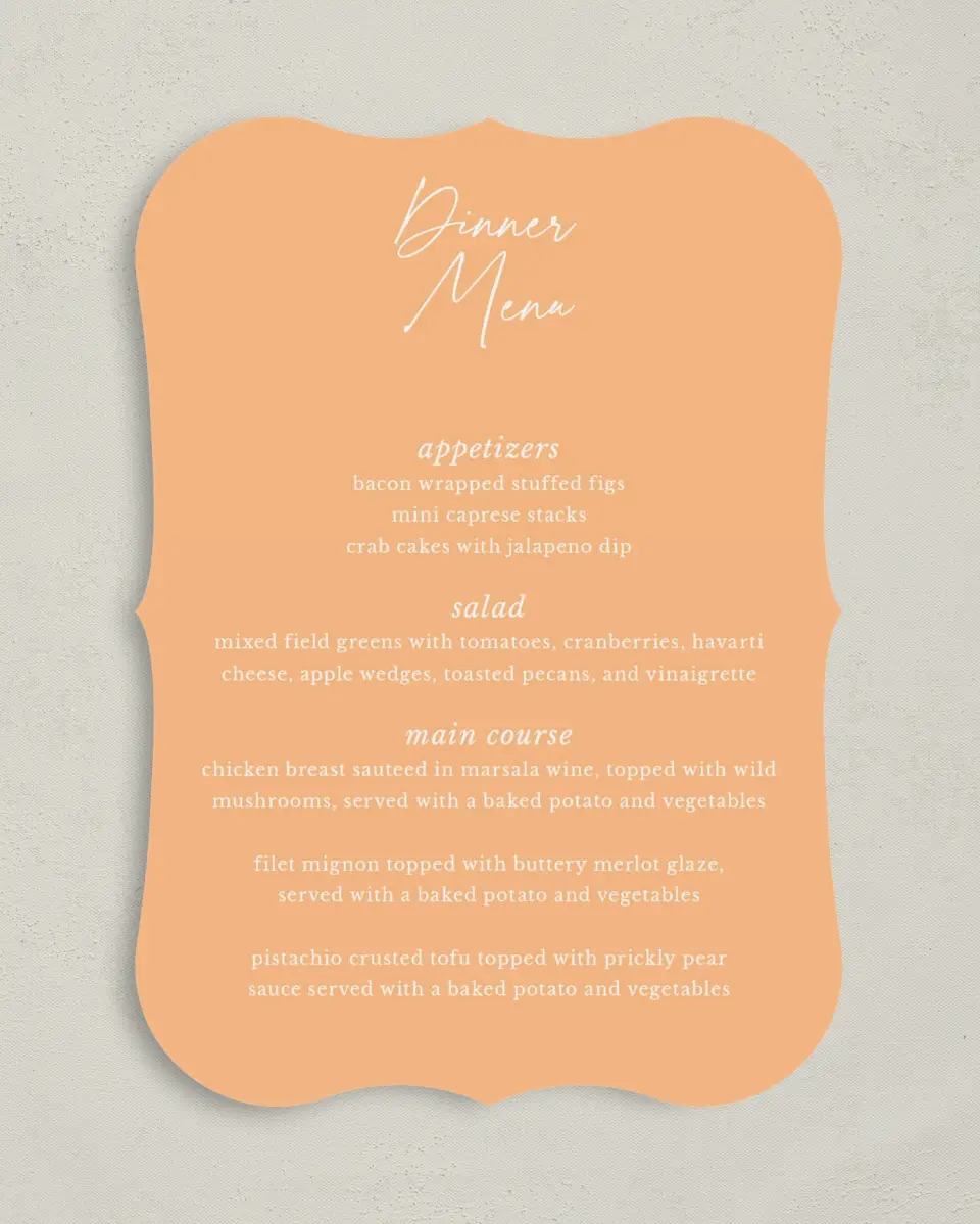 This is a 5" x 7" Wedding Menu Card called The Jess printed in full color with Silver foil on Luxe Satin (coated) paper