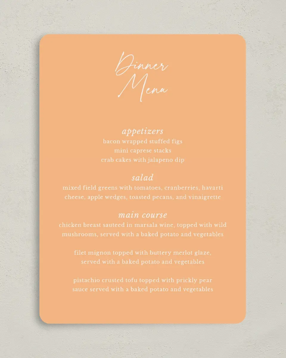 This is a 5" x 7" Wedding Menu Card called The Jess printed in full color on Premium Smooth paper