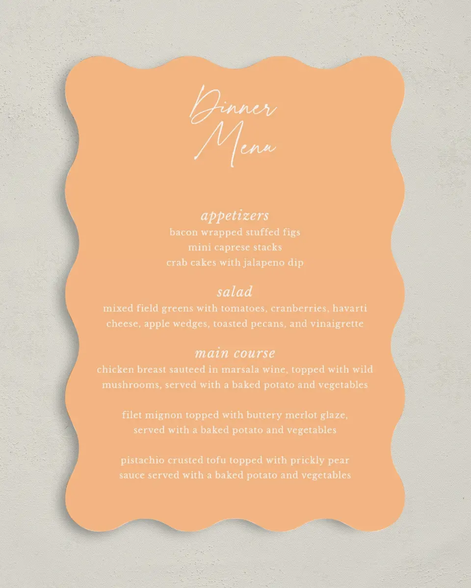 This is a 5" x 7" Wedding Menu Card called The Jess printed in full color on Premium Smooth paper