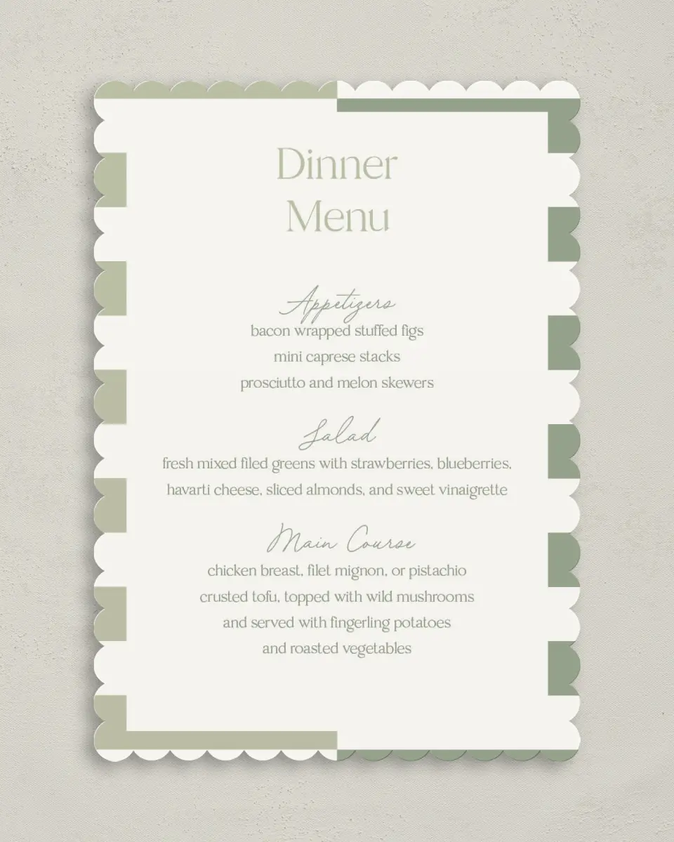 This is a 5" x 7" Wedding Menu Card called The Penelope printed in full color on Premium Smooth paper