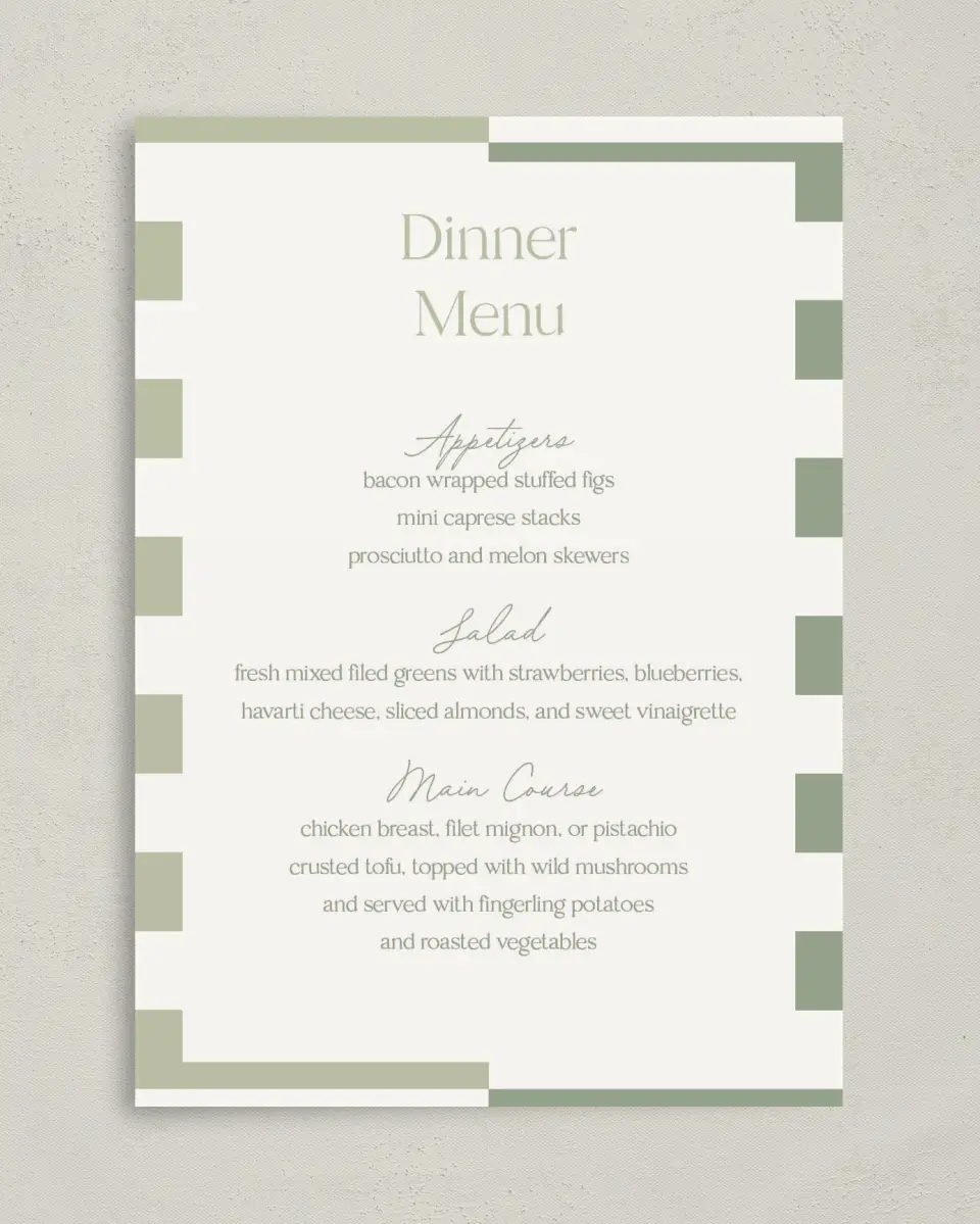 This is a 5" x 7" Wedding Menu Card called The Penelope printed in full color on Premium Smooth paper