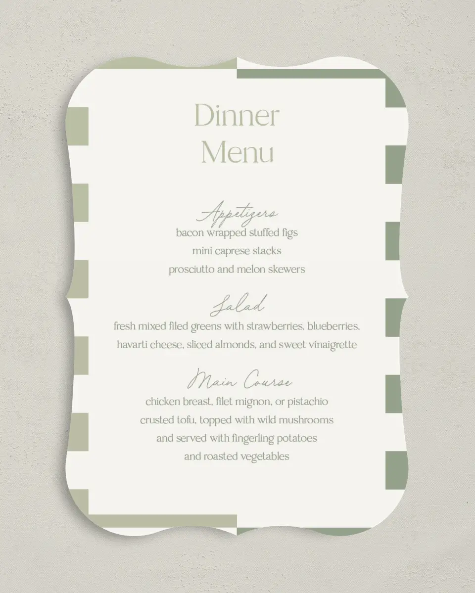 This is a 5" x 7" Wedding Menu Card called The Penelope printed in full color with Silver foil on Luxe Satin (coated) paper