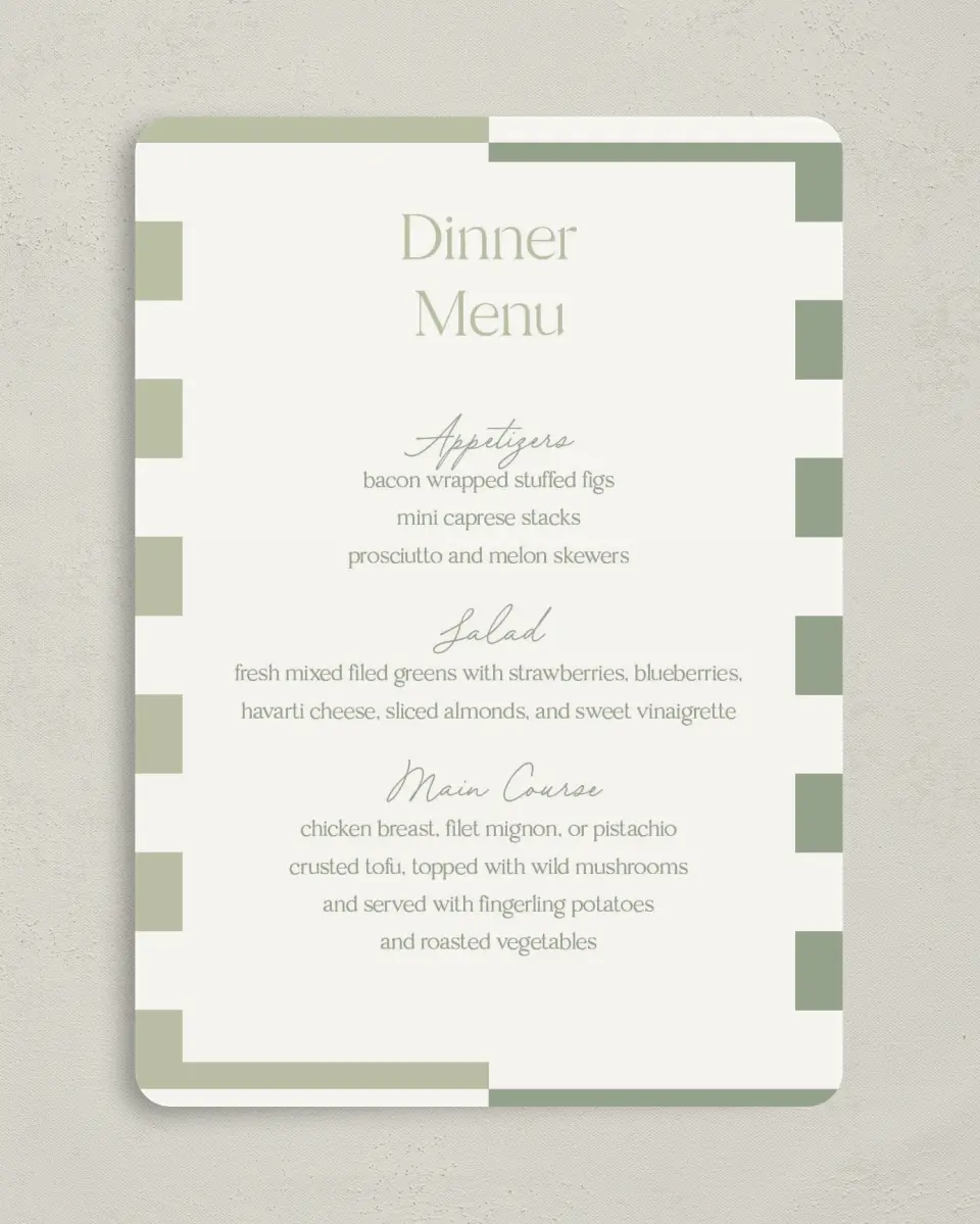 This is a 5" x 7" Wedding Menu Card called The Penelope printed in full color on Premium Smooth paper