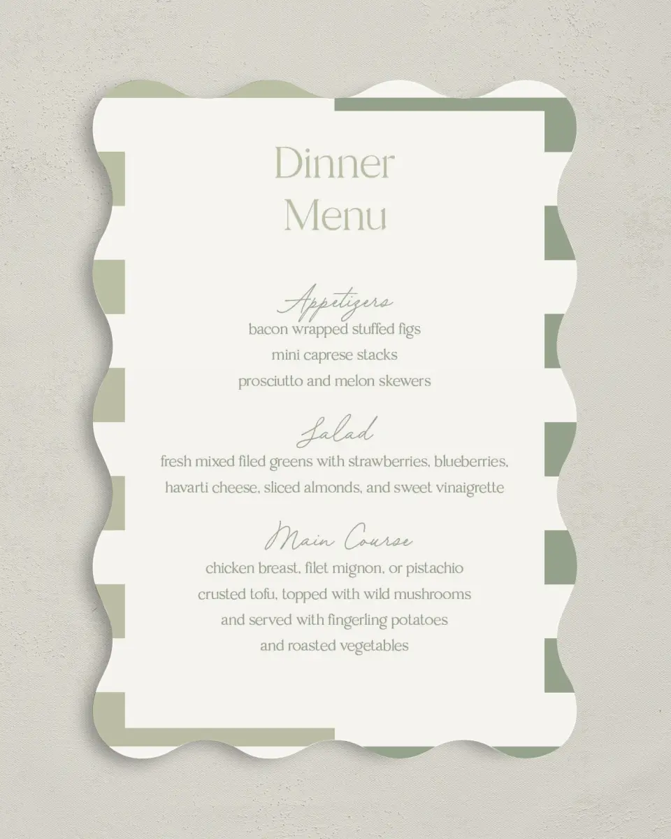 This is a 5" x 7" Wedding Menu Card called The Penelope printed in full color with Silver foil on Luxe Satin paper