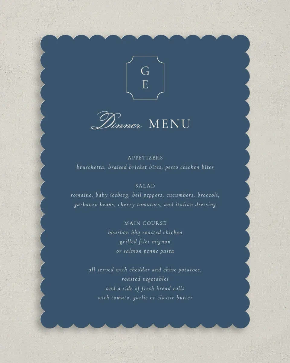 This is a 5" x 7" Wedding Menu Card called The Georgia printed in full color on Premium Smooth paper