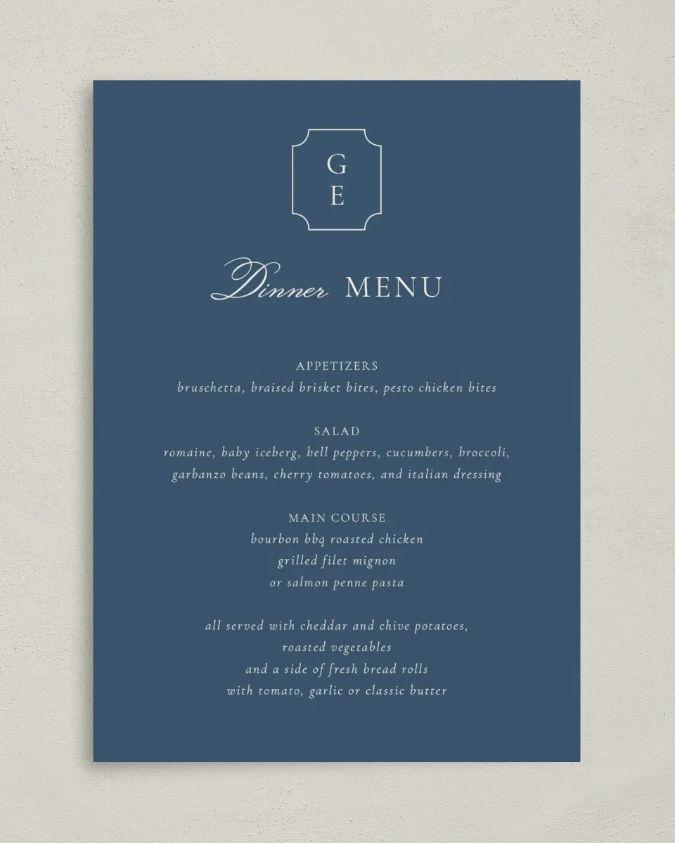 This is a 5" x 7" Wedding Menu Card called The Georgia printed in full color on Premium Smooth paper