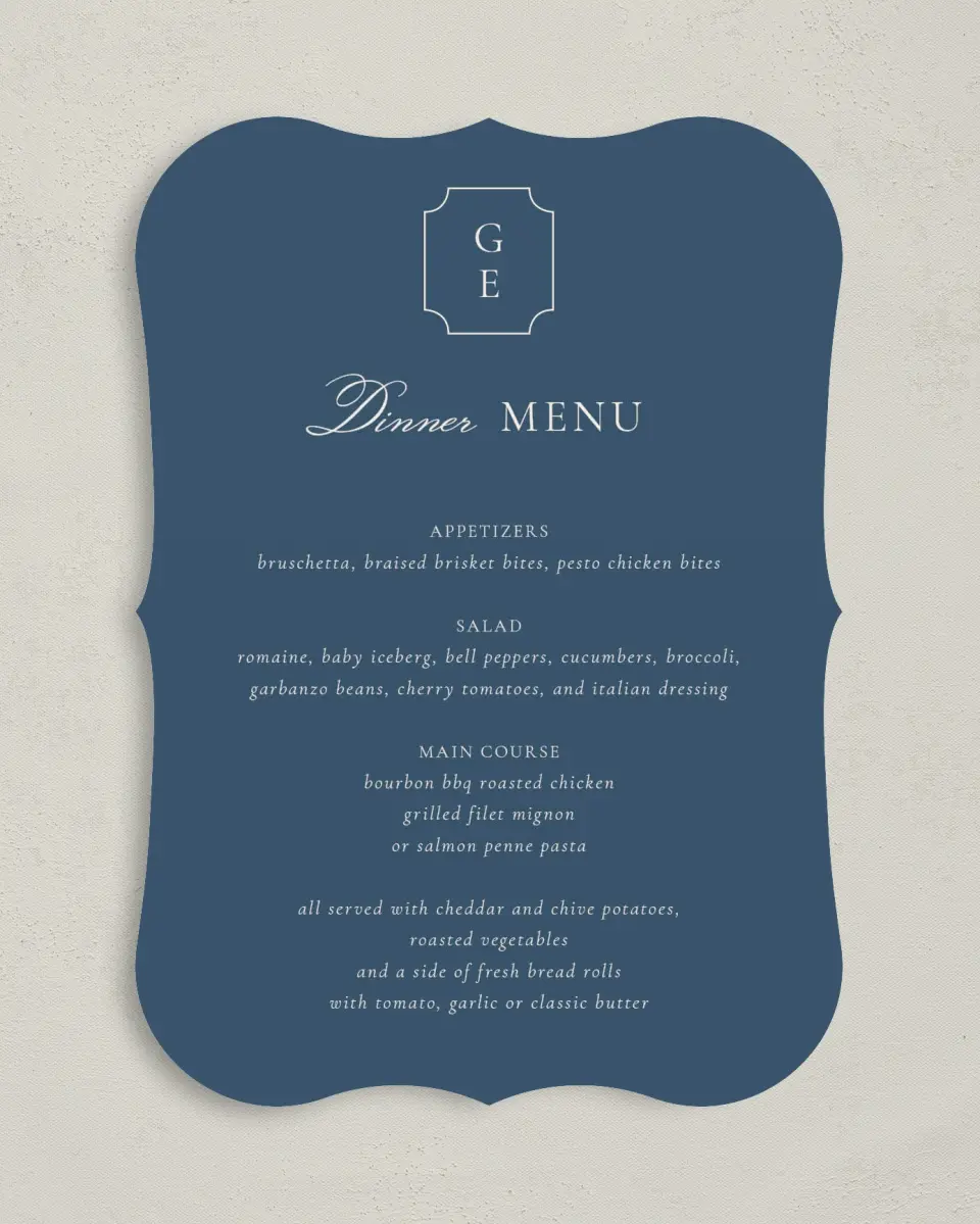 This is a 5" x 7" Wedding Menu Card called The Georgia printed in full color on Premium Smooth paper
