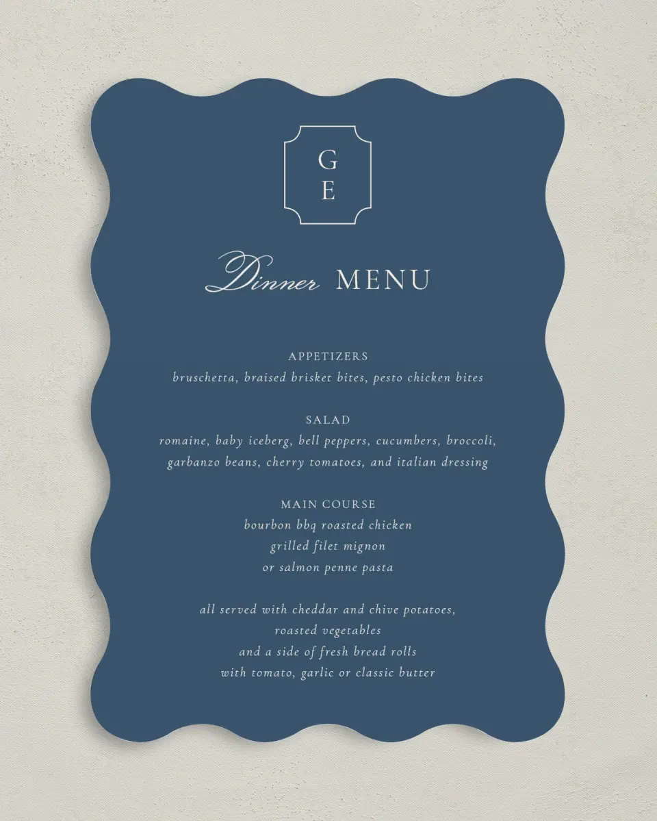 This is a 5" x 7" Wedding Menu Card called The Georgia printed in full color on Premium Smooth paper