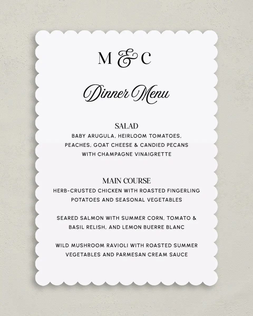 This is a 5" x 7" Wedding Menu Card called The Mallory printed in full color on Premium Smooth paper