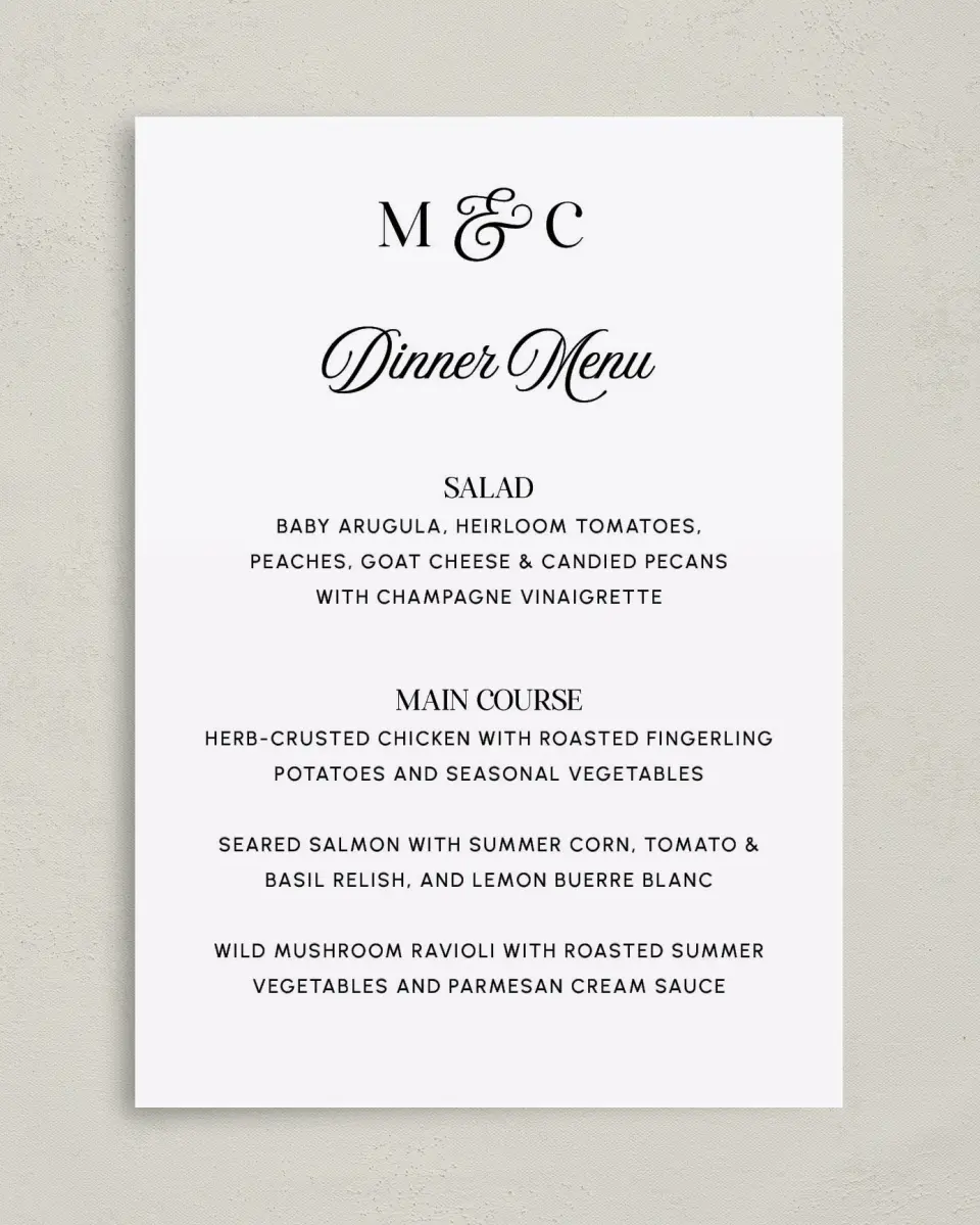 This is a 5" x 7" Wedding Menu Card called The Mallory printed in full color on Premium Smooth paper