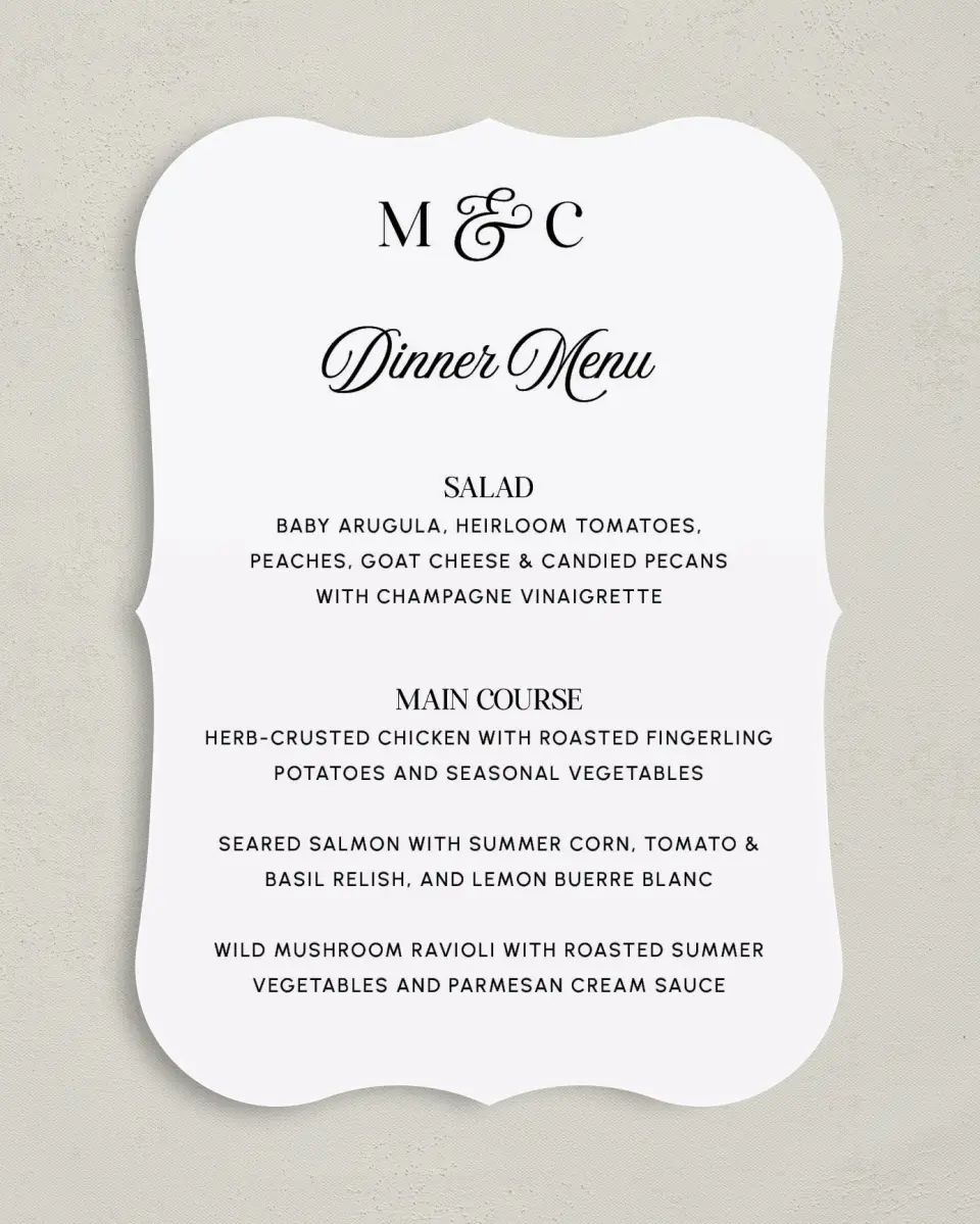 This is a 5" x 7" Wedding Menu Card called The Mallory printed in full color on Premium Smooth paper