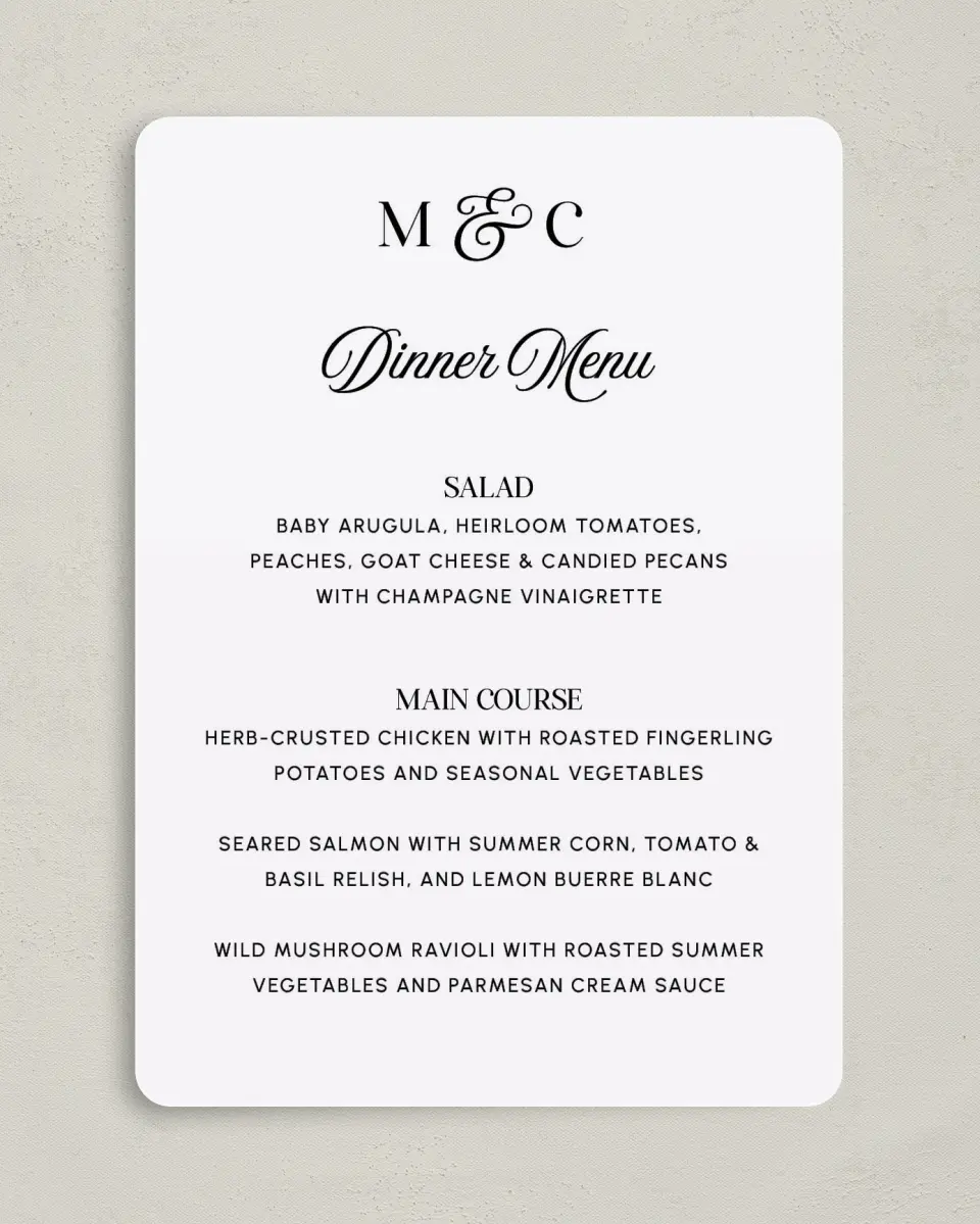 This is a 5" x 7" Wedding Menu Card called The Mallory printed in full color on Premium Smooth paper
