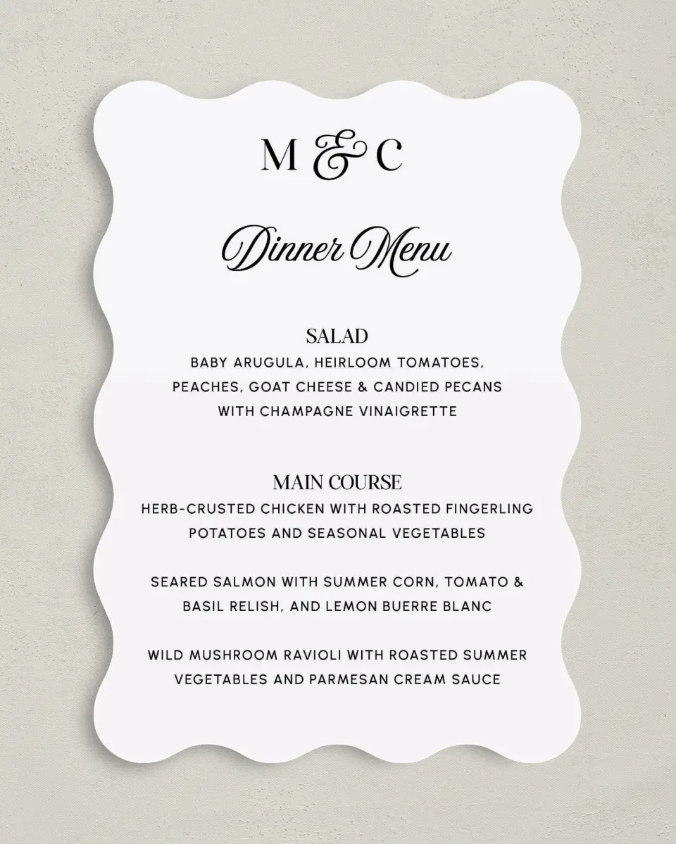 This is a 5" x 7" Wedding Menu Card called The Mallory printed in full color on Premium Smooth paper