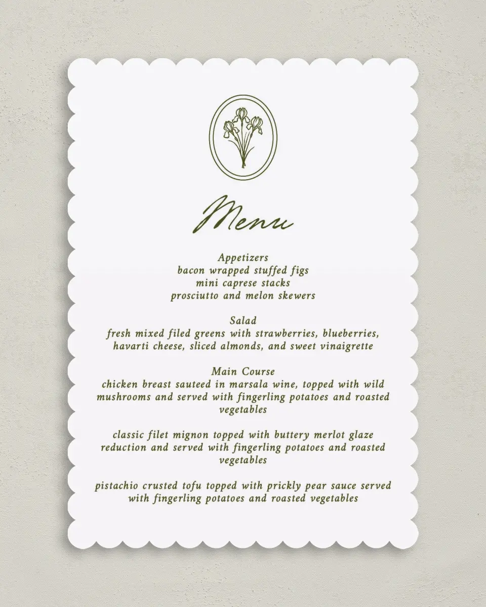 This is a 5" x 7" Wedding Menu Card called The Georgia printed in full color on Premium Smooth paper
