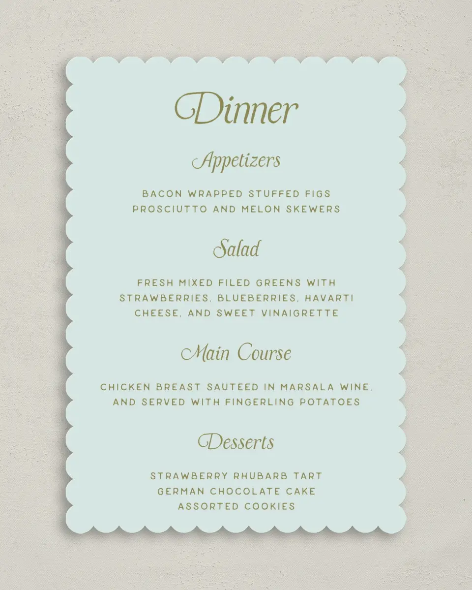 This is a 5" x 7" Wedding Menu Card called The Rosemary printed in full color on Premium Smooth paper