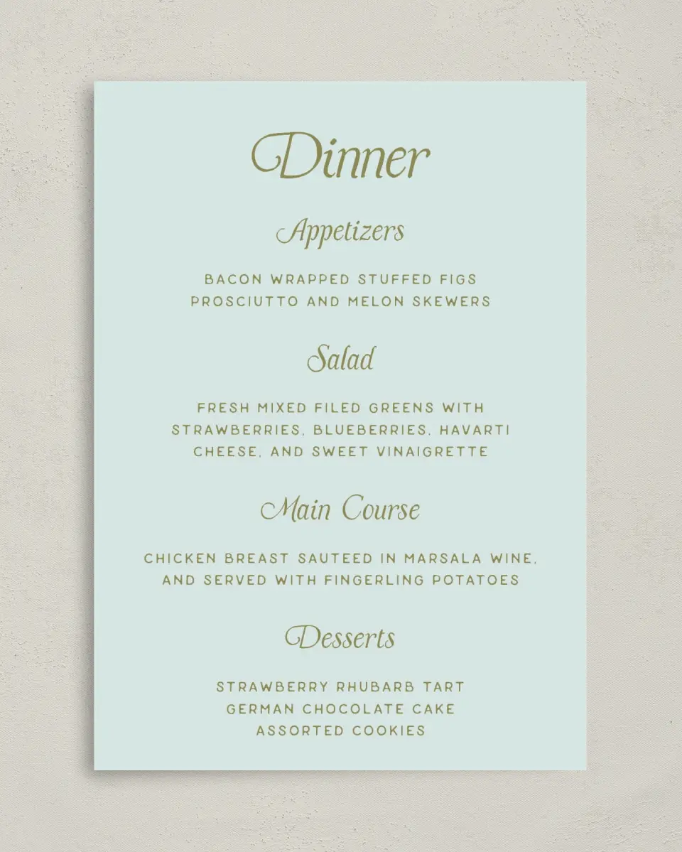 This is a 5" x 7" Wedding Menu Card called The Rosemary printed in full color on Premium Smooth paper
