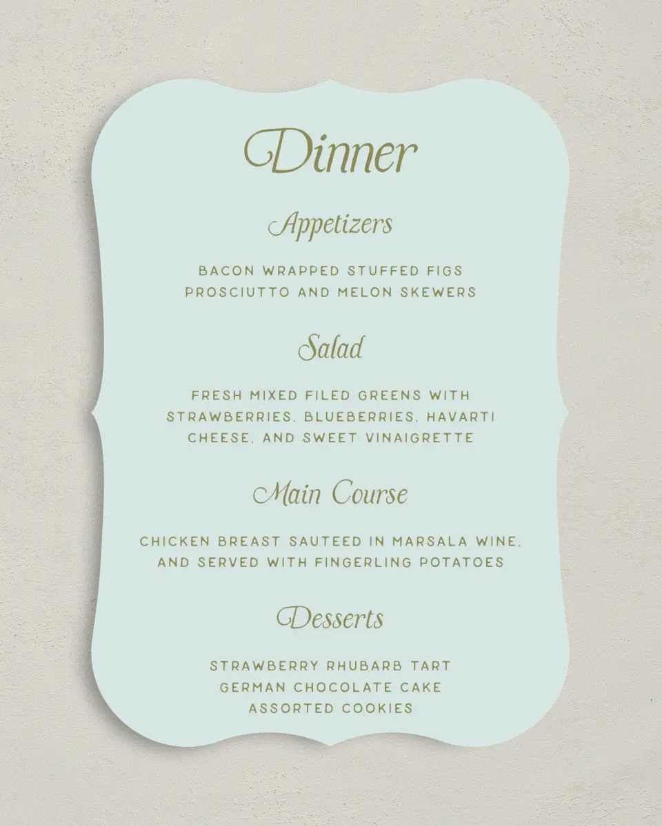 This is a 5" x 7" Wedding Menu Card called The Rosemary printed in full color on Premium Smooth paper