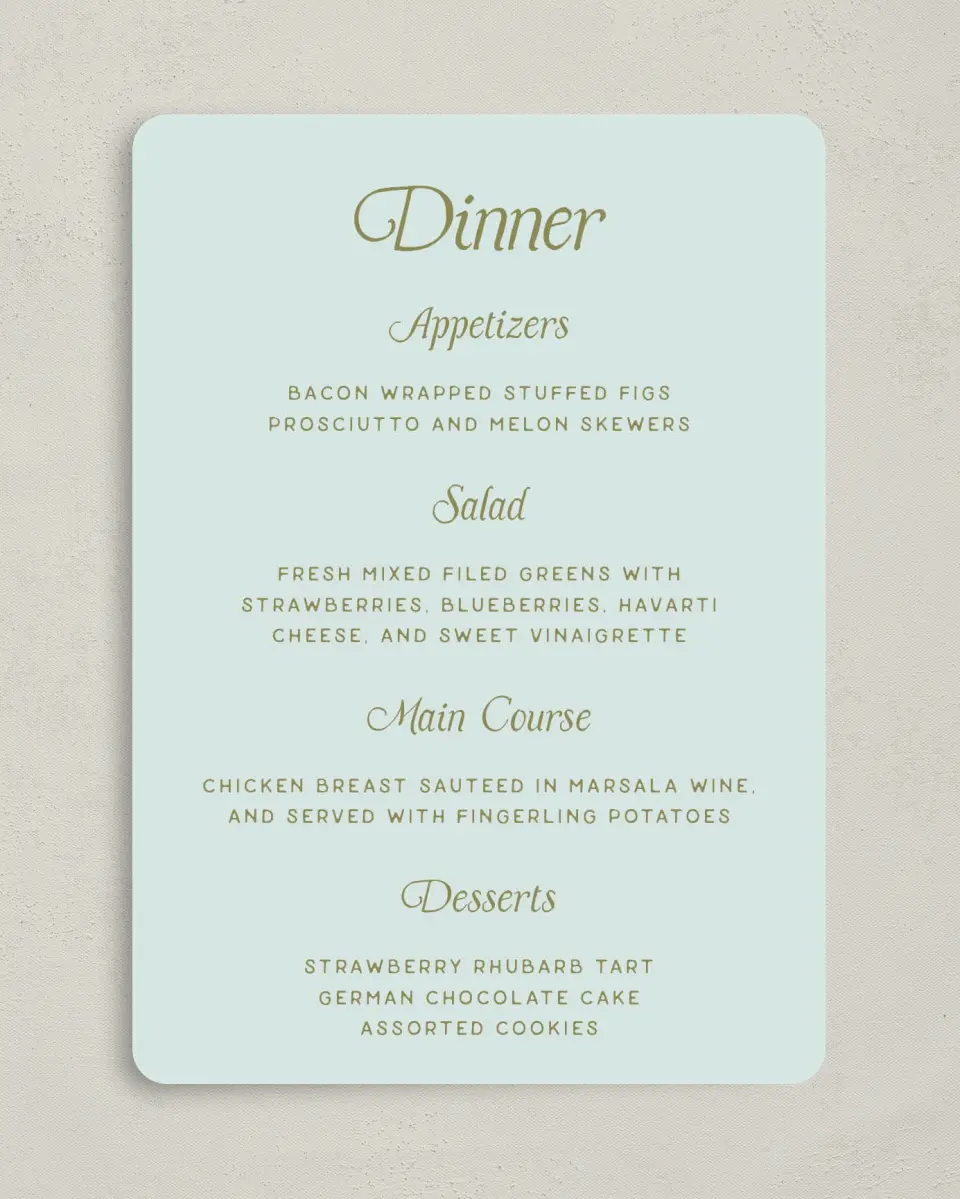 This is a 5" x 7" Wedding Menu Card called The Rosemary printed in full color on Premium Smooth paper