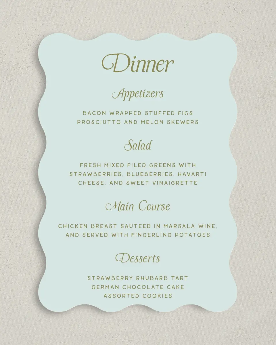 This is a 5" x 7" Wedding Menu Card called The Rosemary printed in full color on Premium Smooth paper