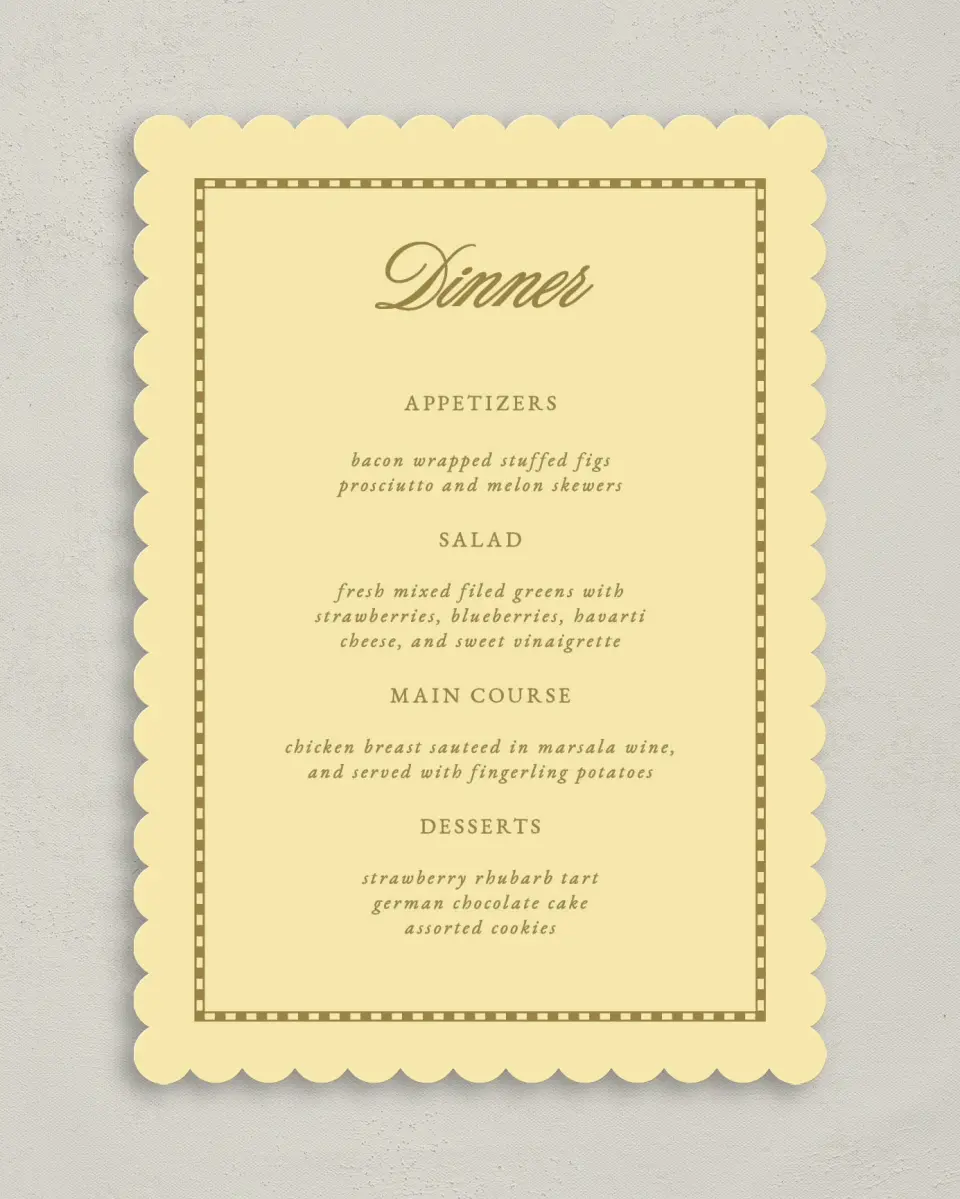 This is a 5" x 7" Wedding Menu Card called The Jillian printed in full color on Premium Smooth paper
