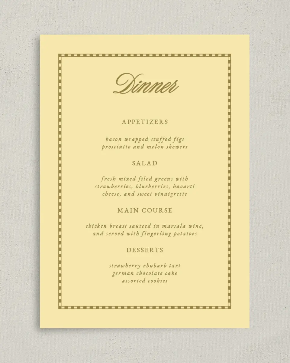 This is a 5" x 7" Wedding Menu Card called The Jillian printed in full color on Premium Smooth paper