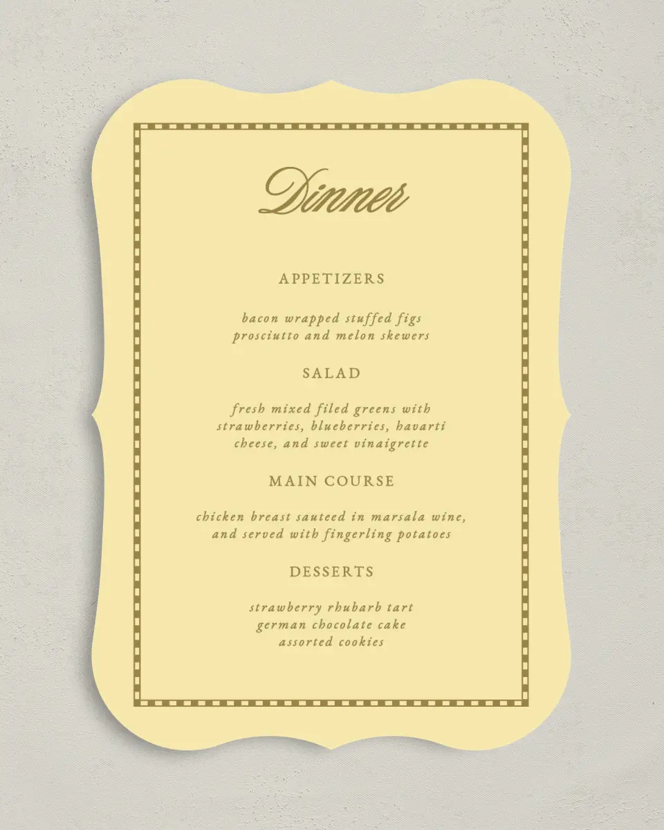 This is a 5" x 7" Wedding Menu Card called The Jillian printed in full color on Premium Smooth paper