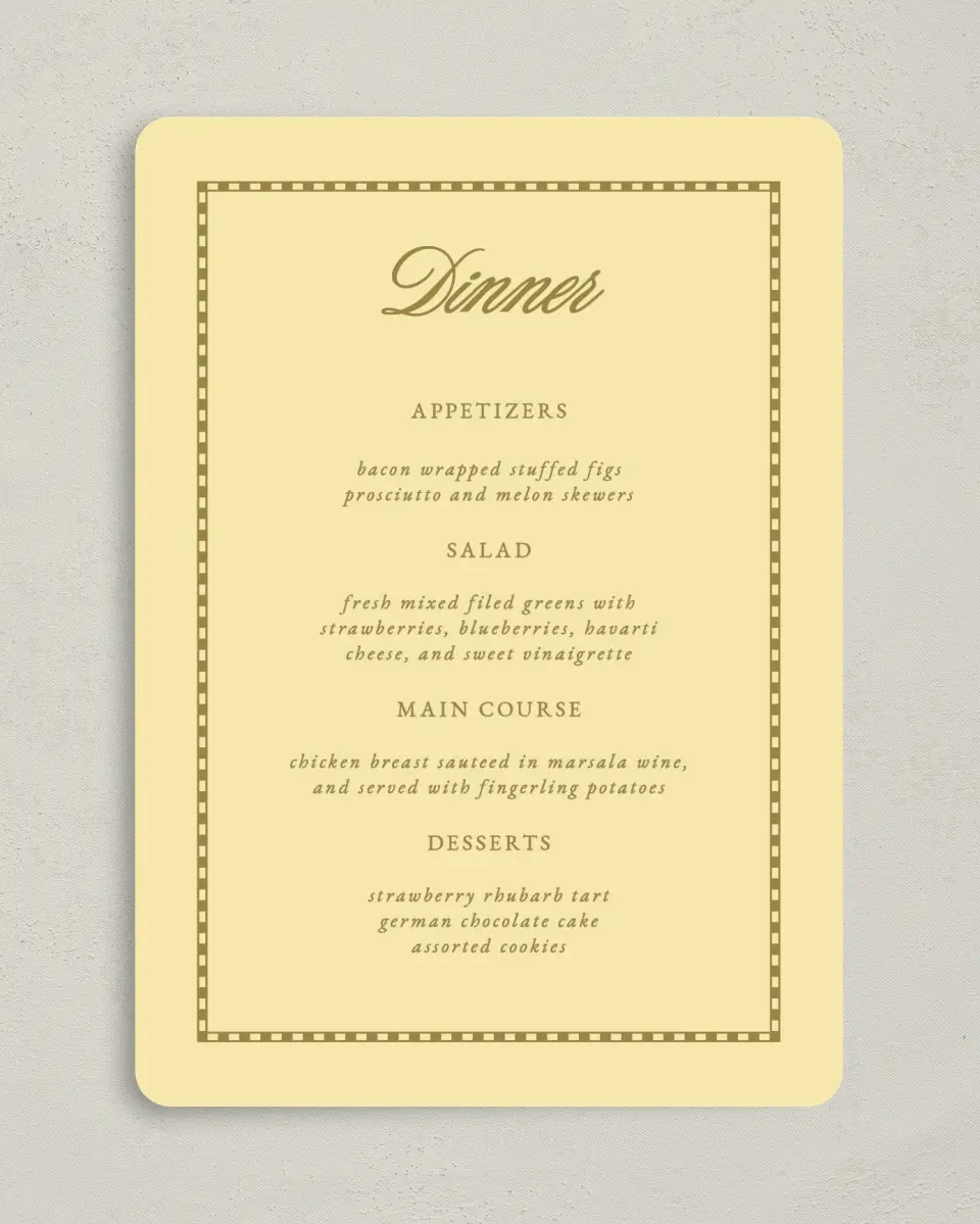 This is a 5" x 7" Wedding Menu Card called The Jillian printed in full color on Premium Smooth paper