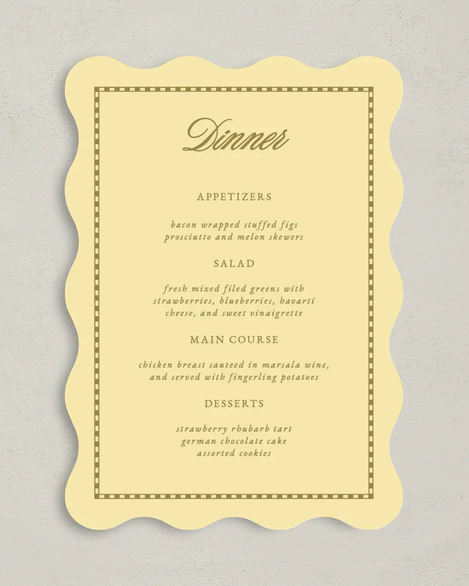 This is a 5" x 7" Wedding Menu Card called The Jillian printed in full color on Premium Smooth paper