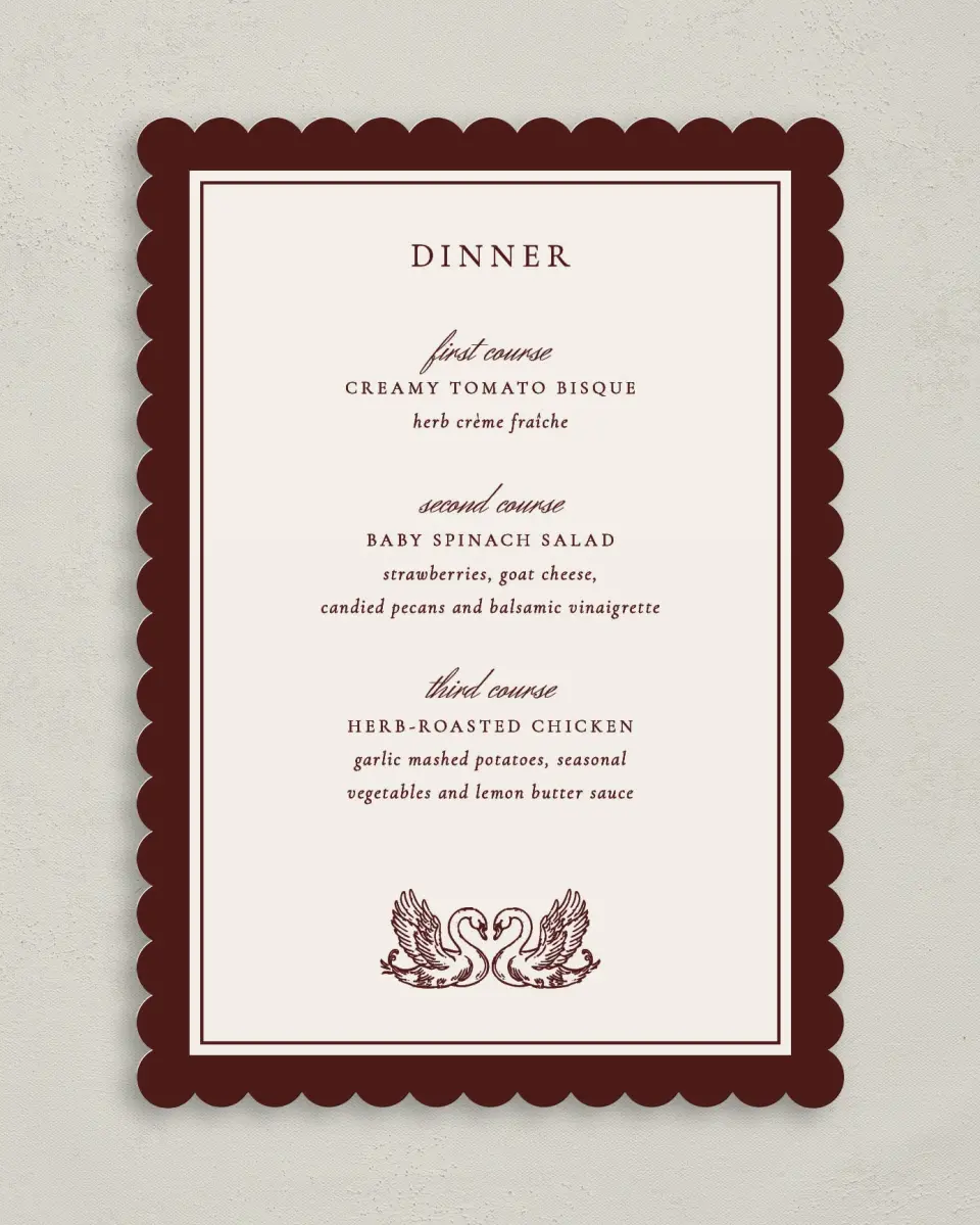 This is a 5" x 7" Wedding Menu Card called Swan Song printed in full color on Premium Smooth paper