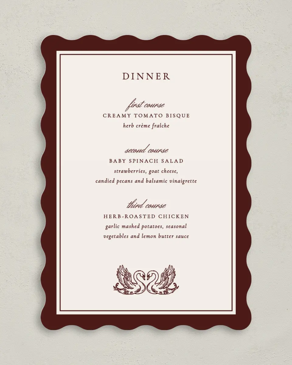 This is a 5" x 7" Wedding Menu Card called Swan Song printed in full color on Premium Smooth paper