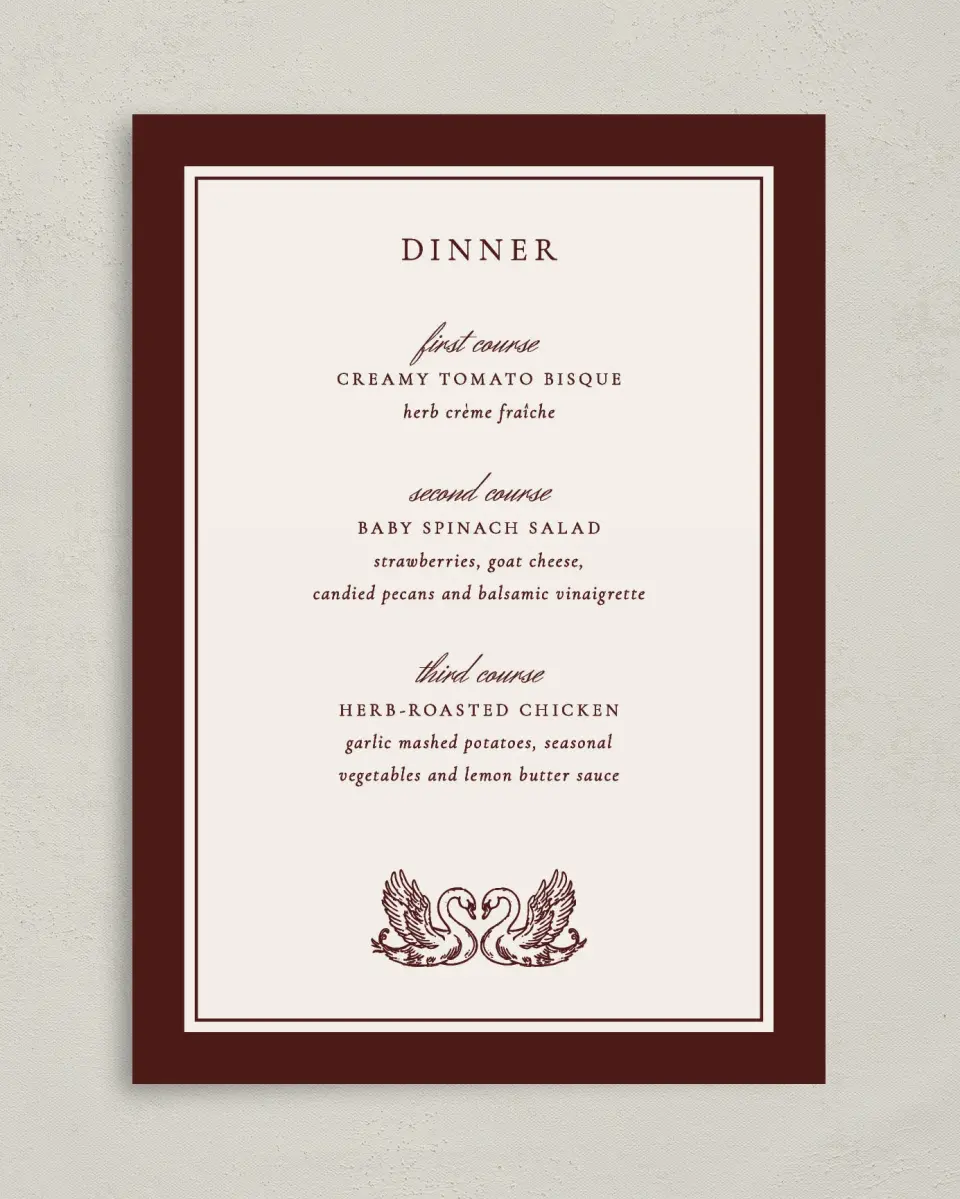 This is a 5" x 7" Wedding Menu Card called Swan Song printed in full color on Premium Smooth paper