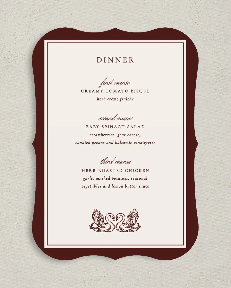 This is a 5" x 7" Wedding Menu Card called Swan Song printed in full color on Premium Smooth paper