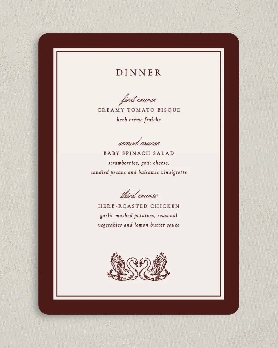 This is a 5" x 7" Wedding Menu Card called Swan Song printed in full color on Premium Smooth paper