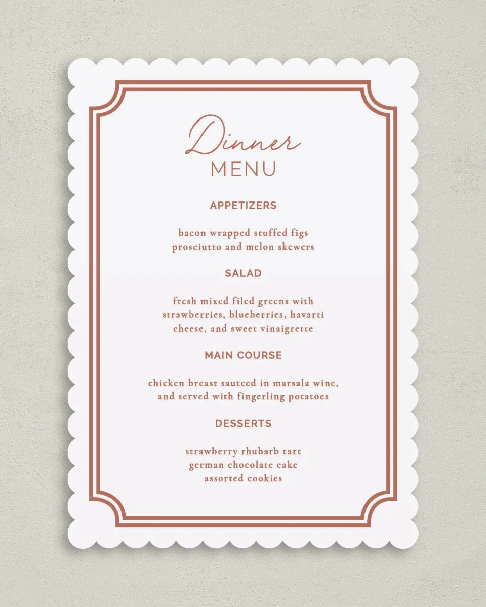 This is a 5" x 7" Wedding Menu Card called The Chelsea printed in full color on Premium Smooth paper