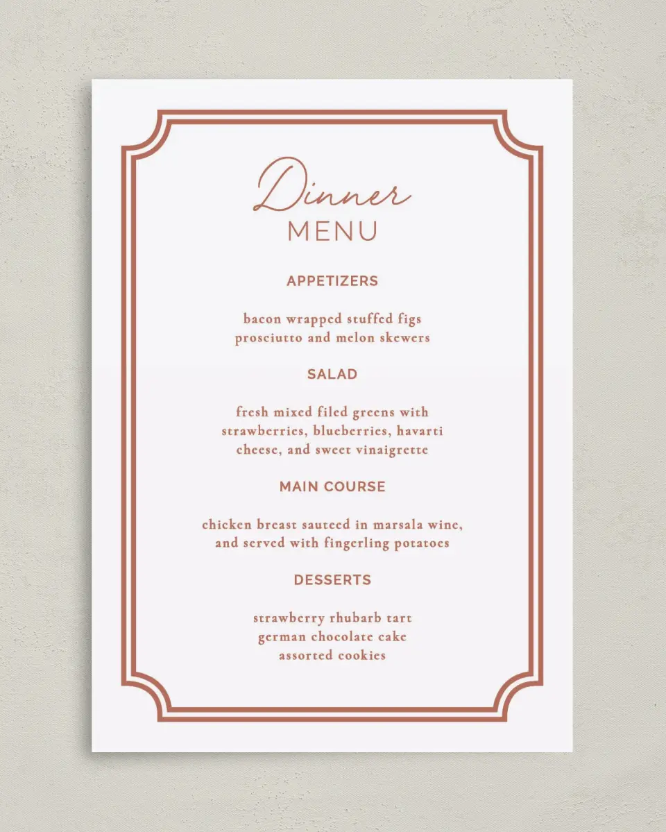 This is a 5" x 7" Wedding Menu Card called The Chelsea printed in full color on Premium Smooth paper