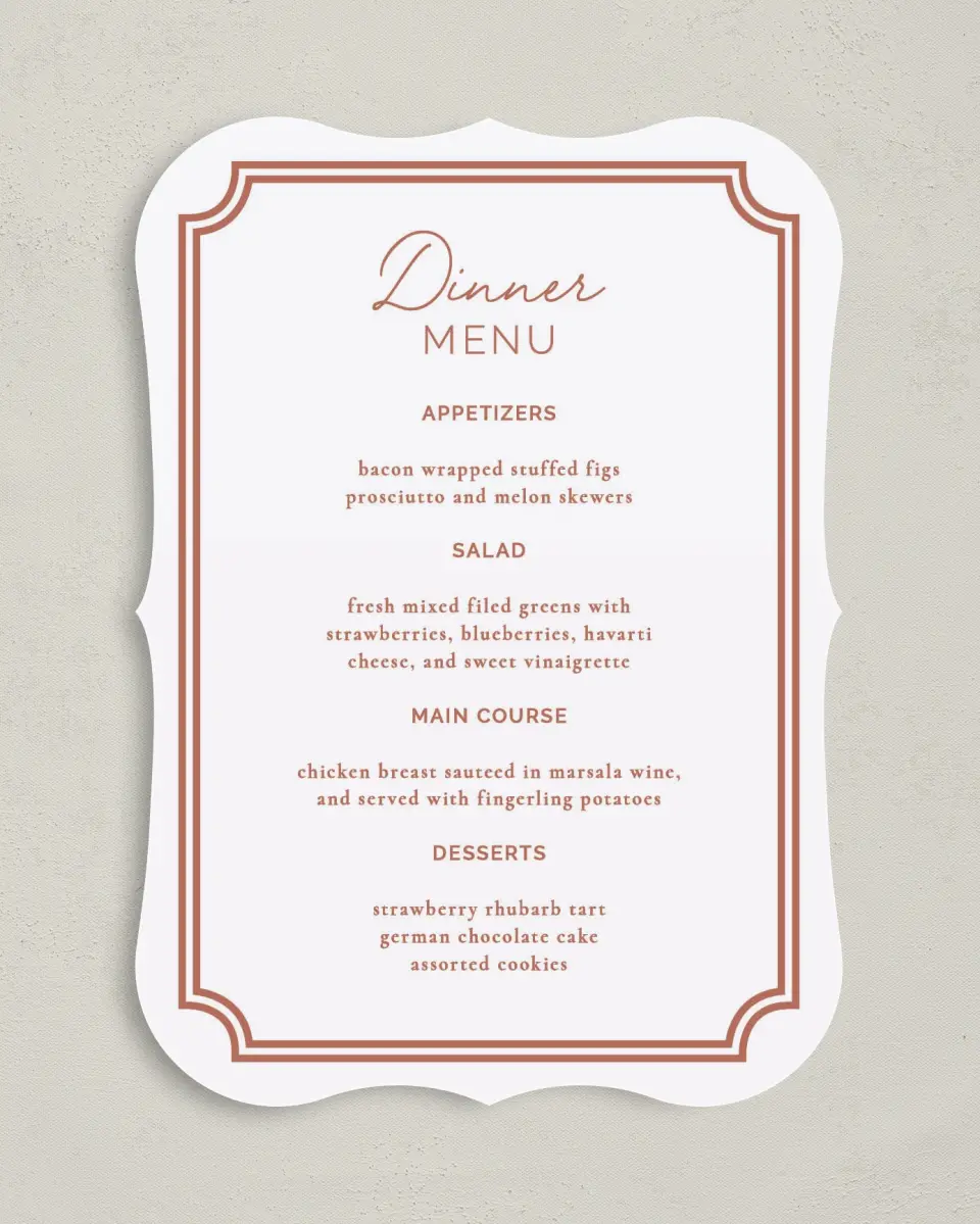 This is a 5" x 7" Wedding Menu Card called The Chelsea printed in full color on Premium Smooth paper
