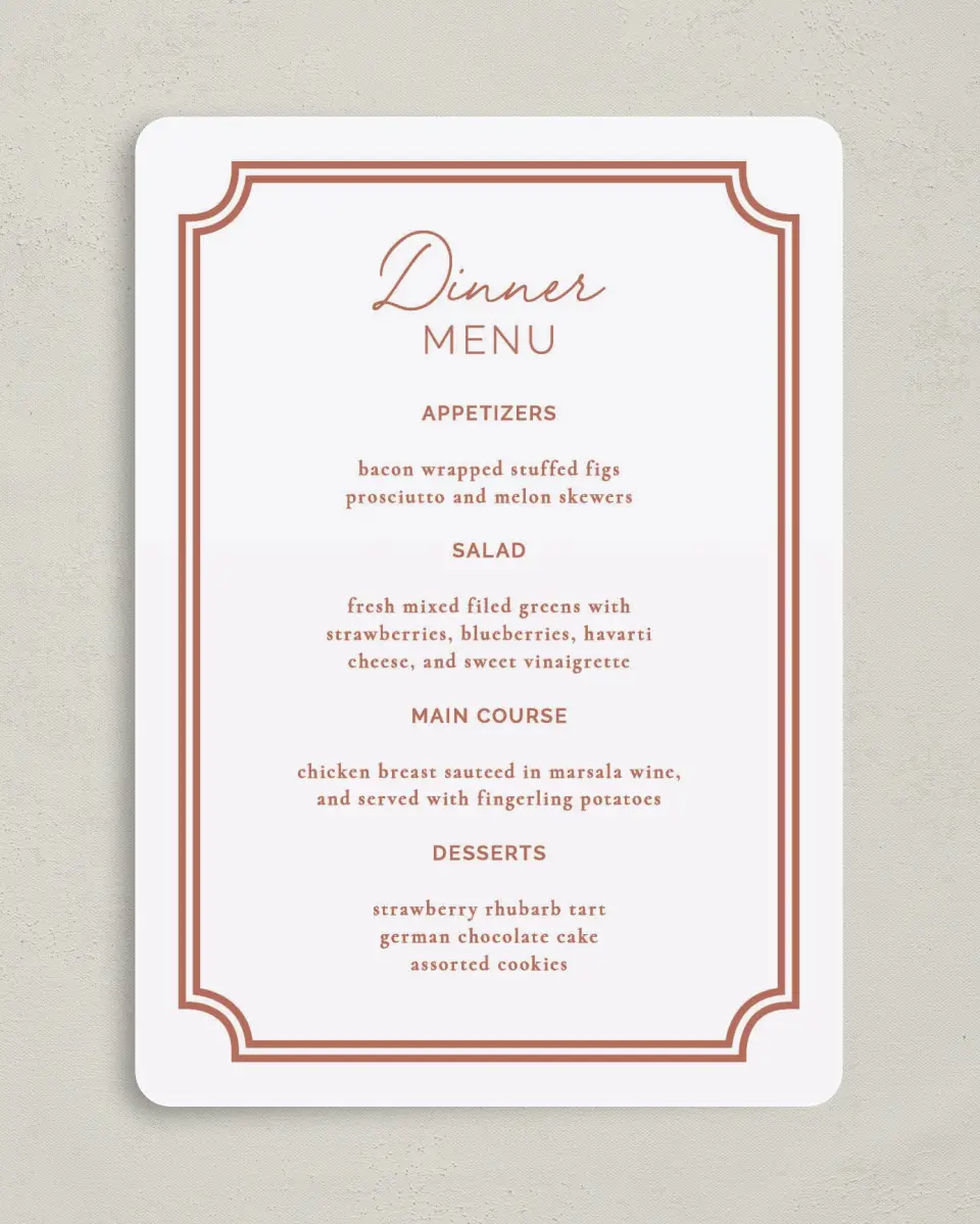 This is a 5" x 7" Wedding Menu Card called The Chelsea printed in full color on Premium Smooth paper