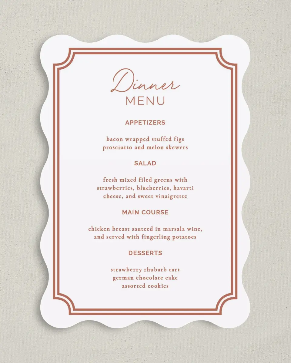 This is a 5" x 7" Wedding Menu Card called The Chelsea printed in full color on Premium Smooth paper