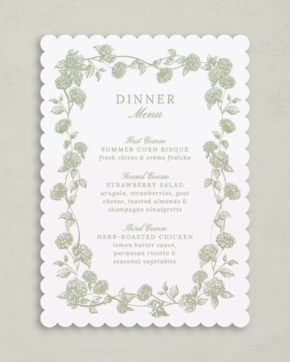 This is a 5" x 7" Wedding Menu Card called Harmonious Hydrangea printed in full color on Premium Smooth paper