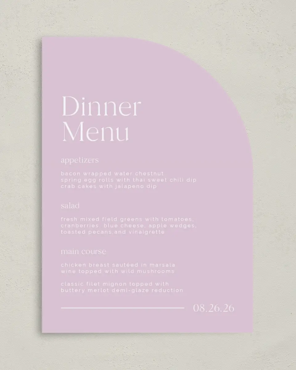 This is a 5" x 7" Wedding Menu Card called The Morgan printed in full color on Premium Smooth paper