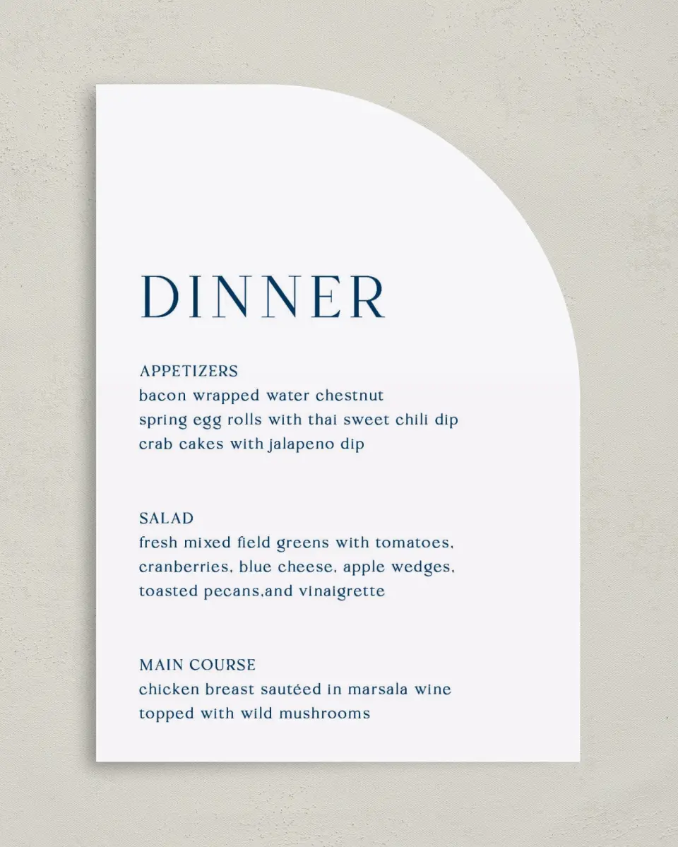This is a 5" x 7" Wedding Menu Card called The Sophia printed in full color on Premium Smooth paper
