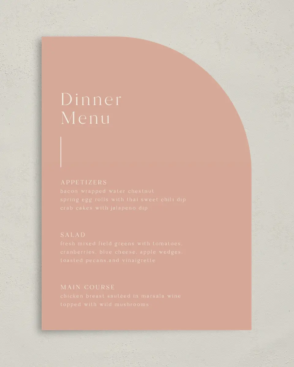 This is a 5" x 7" Wedding Menu Card called The Aubrielle printed in full color on Premium Smooth paper